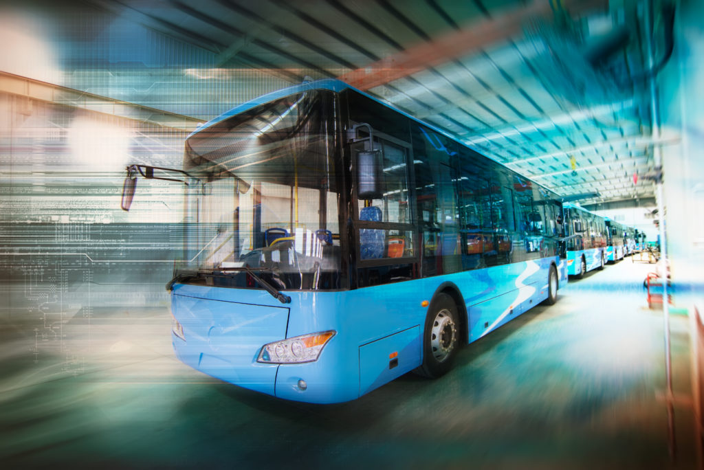 New energy electric bus arranged in the workshop